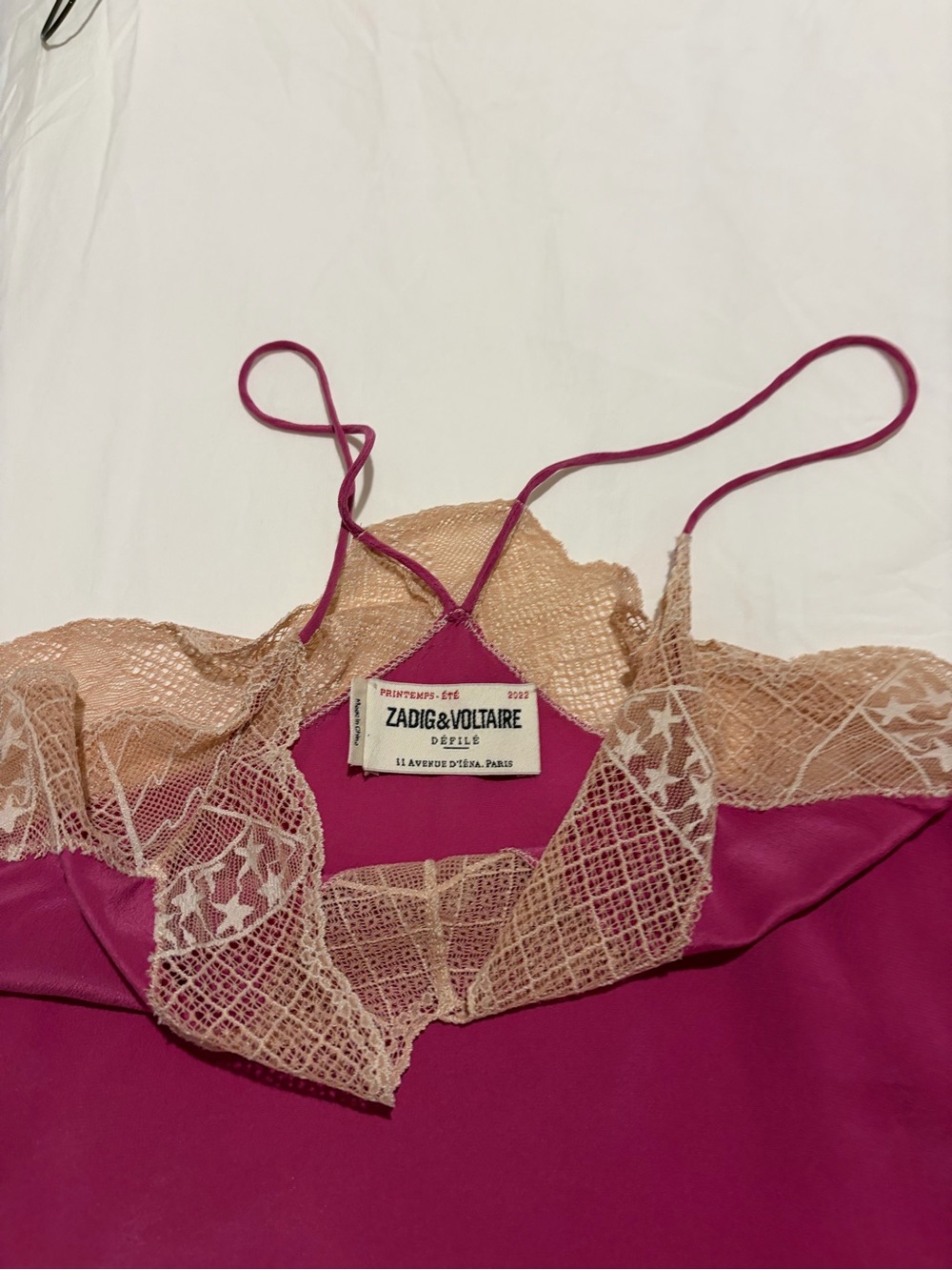 Zadig & Voltaire Magenta Camisole with Cream Lace Trim